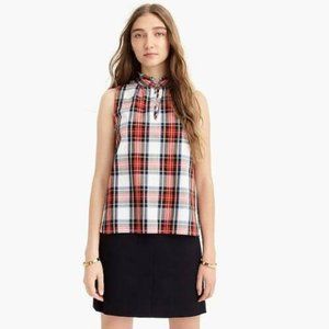 J. Crew White Tartan Plaid Ruffle Neck Sleeveless Top